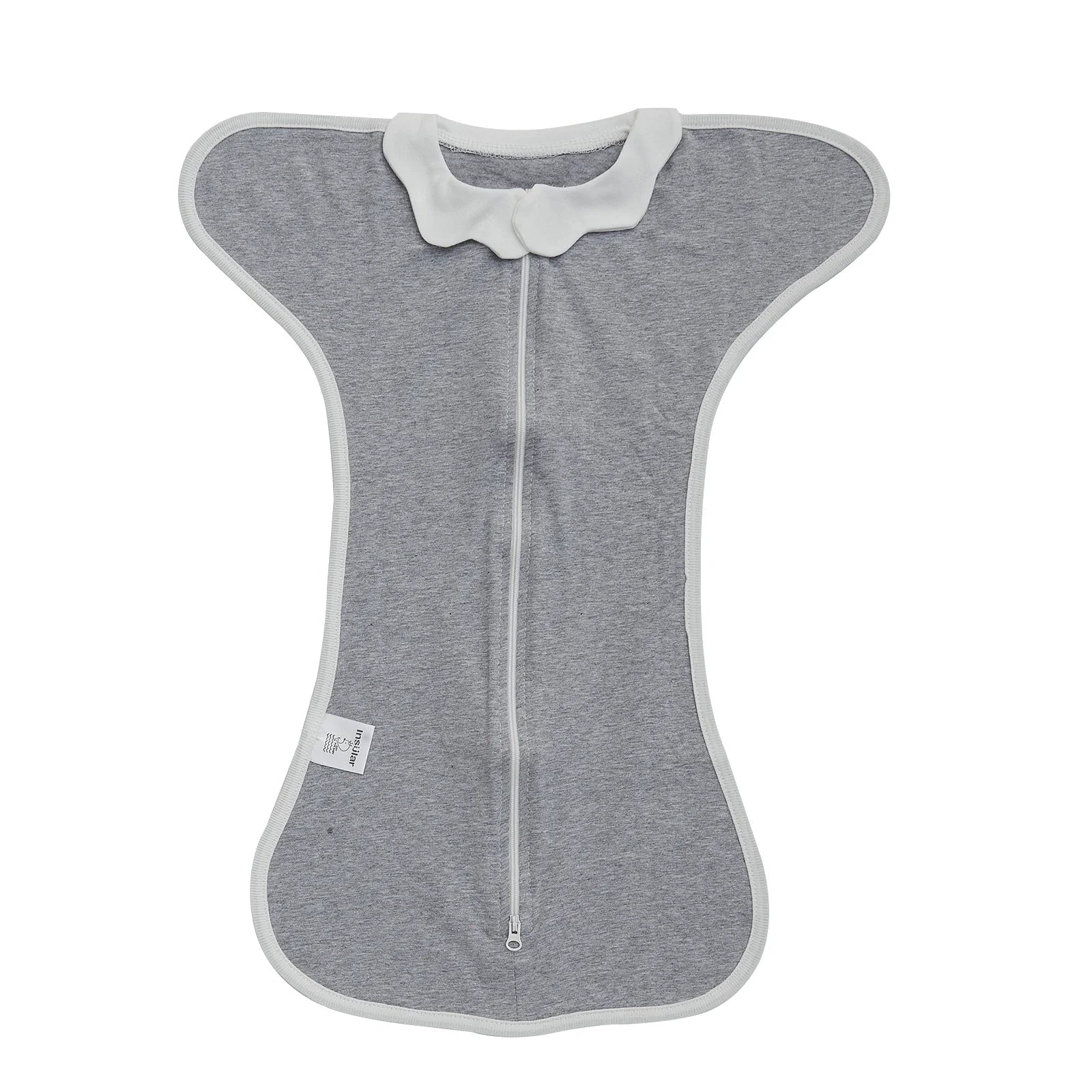 Gray baby swaddle with white collar on a white background, featuring the brand 'Insular'.