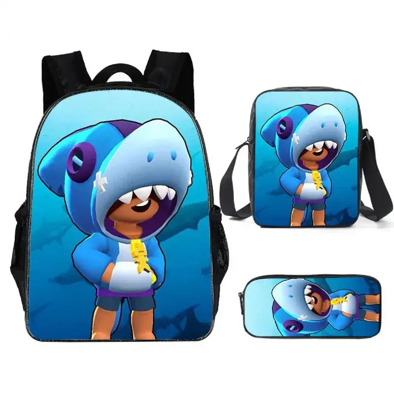 Kids Brawl Stars Game Backpack Set with shark-themed design, including backpack, lunch bag, and pencil case. Fun and functional!