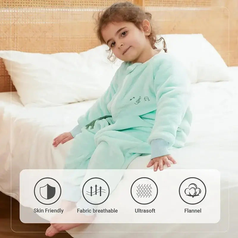 Child in soft flannel kids onesie sleepsack, showing skin-friendly and breathable features for cozy comfort.