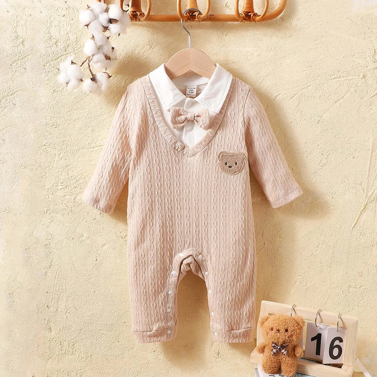 Image of Polo Neck Bear Baby Rompers - Soft, comfy, and perfect for autumn & spring outings. Shop now at OleOle.