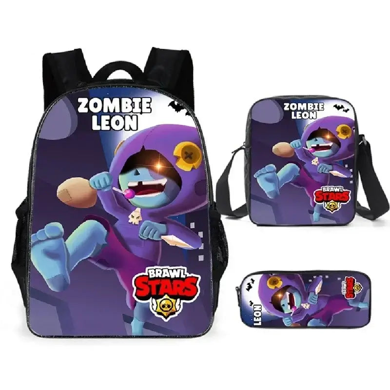 Kids Brawl Stars game backpack set featuring Zombie Leon design with matching lunch bag and pencil case, vibrant and functional.