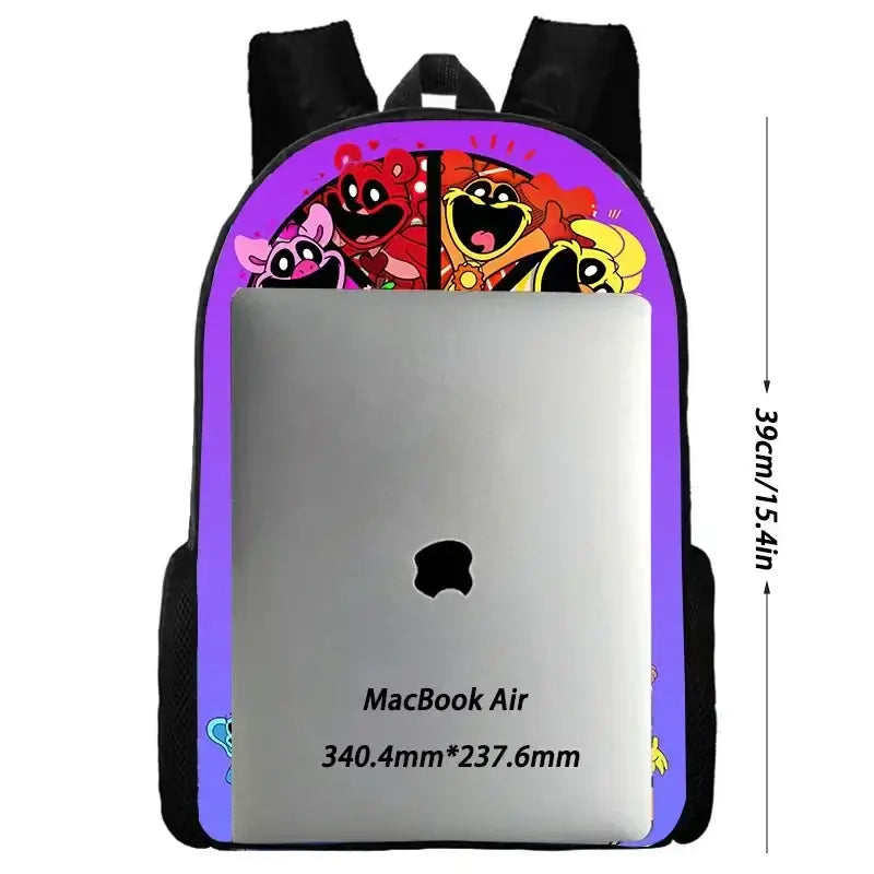 Demonstration of comparable size of Apple macbook in Roblox Game Theme School Bag Set with backpack, lunch bag, and pencil case for kids.