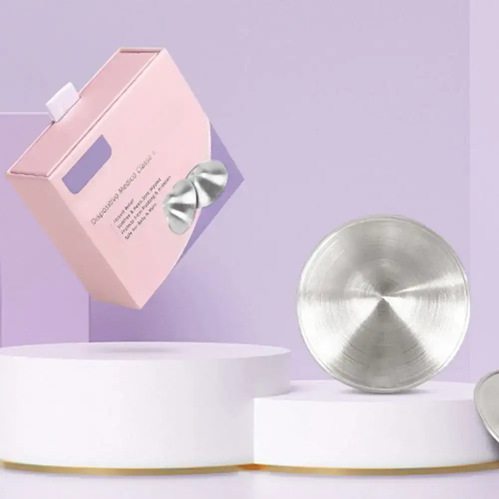 Silver cosmetic container and pink packaging on a white and purple background