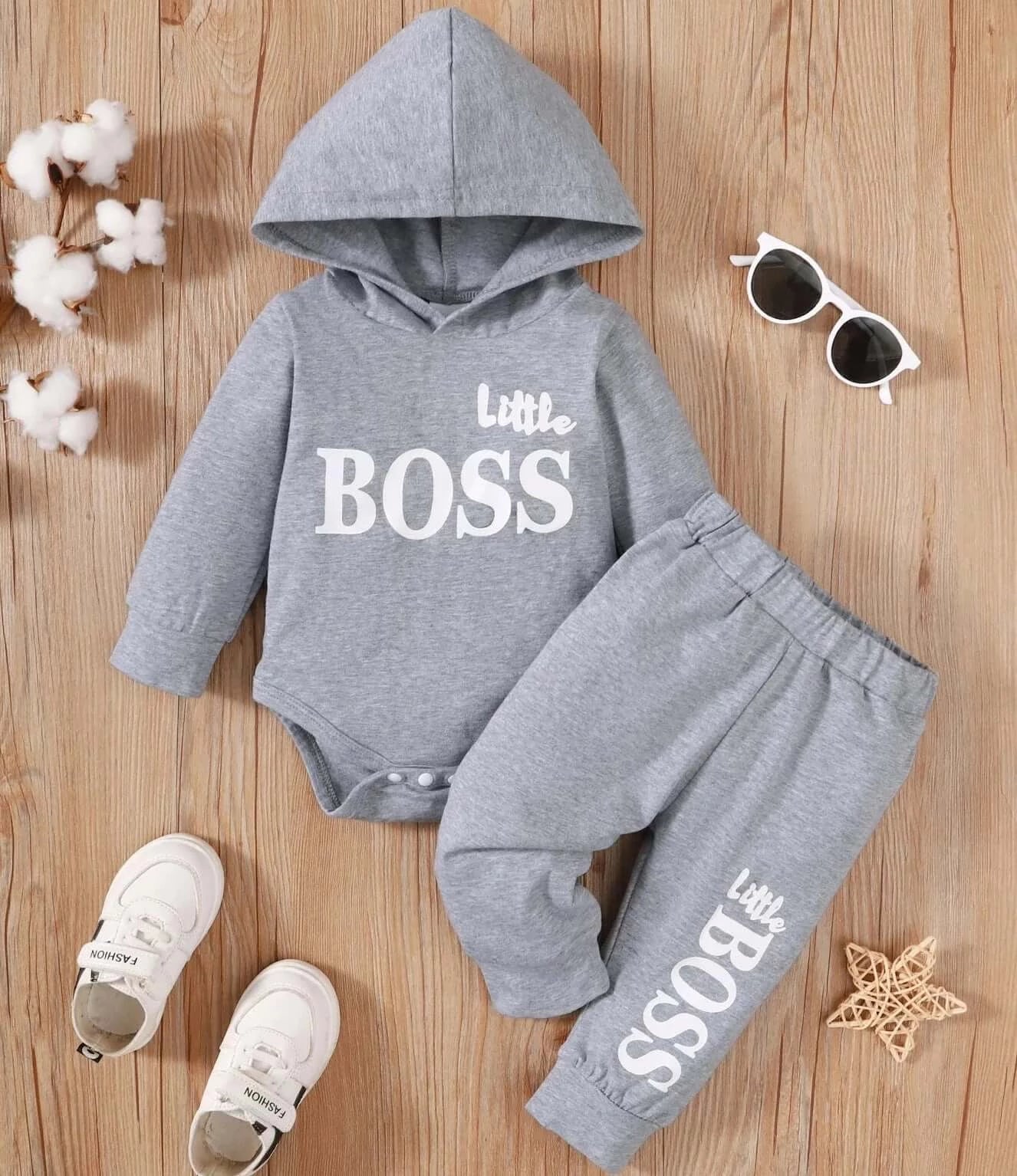 Image of Hooded Baby Boys Romper and Trouser Set - Adorable Little Boss Print, Cotton Comfort for Mild Winters. Shop now at OleOle.