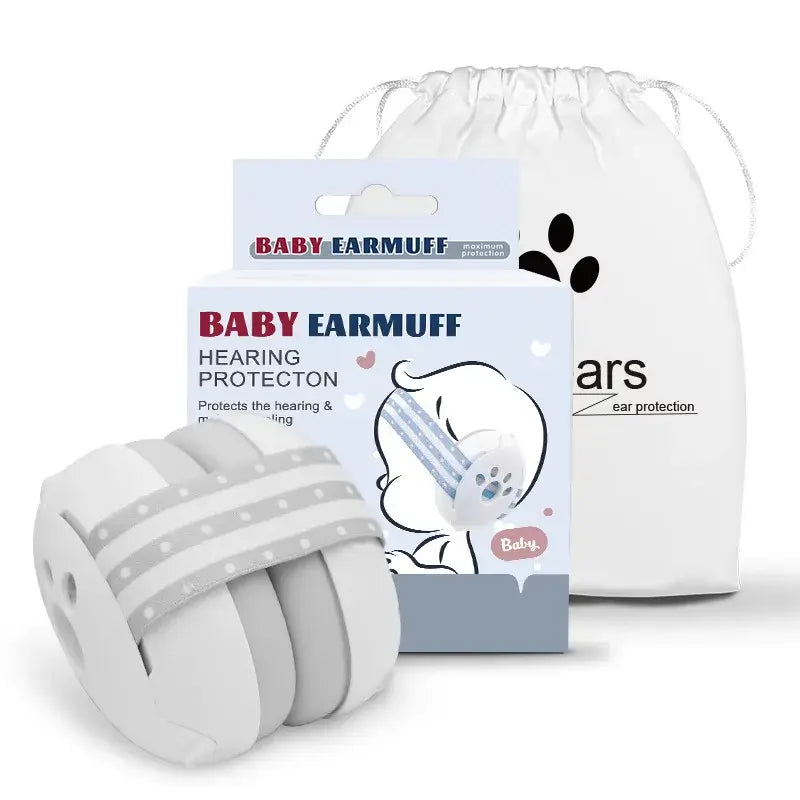 Baby earmuffs with packaging and drawstring bag on a white background