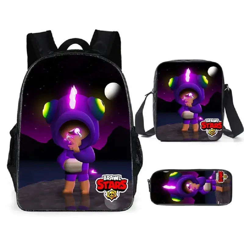 Kids Brawl Stars game backpack set with vibrant graphics, includes backpack, lunch bag, and pencil case for school.