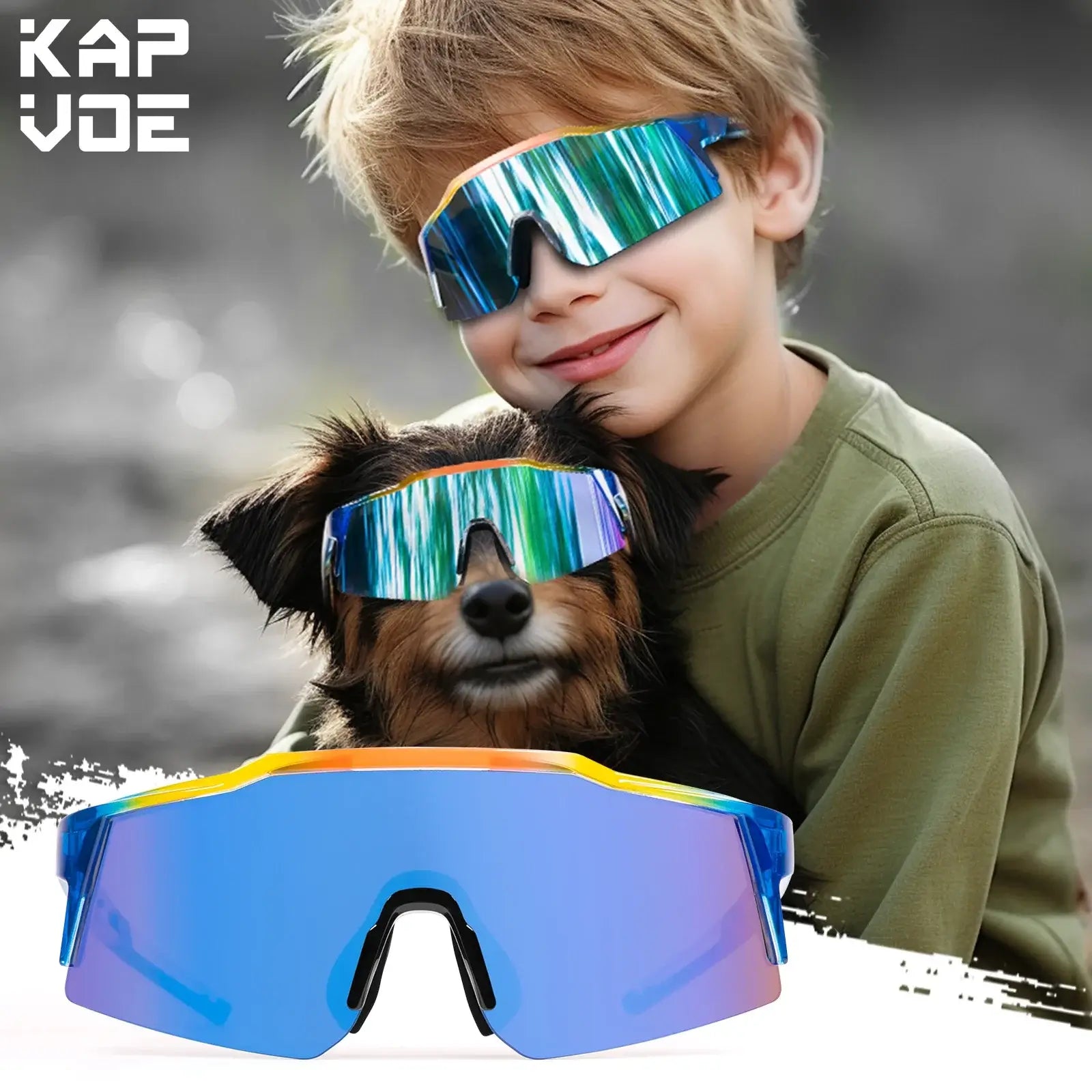 Kids polarized sports sunglasses with mirrored lenses worn by a child and a dog in outdoor setting.