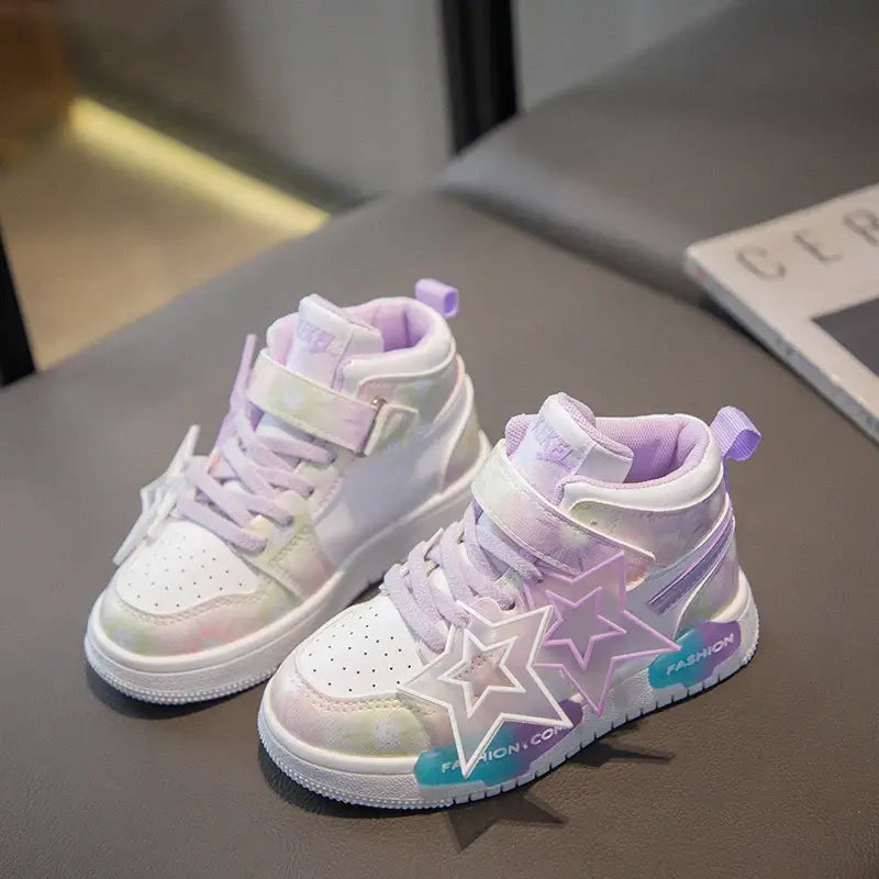 Kids girls fashion sneakers with pastel colors and star accents, perfect for ages 2-8, ideal for play and casual outings.