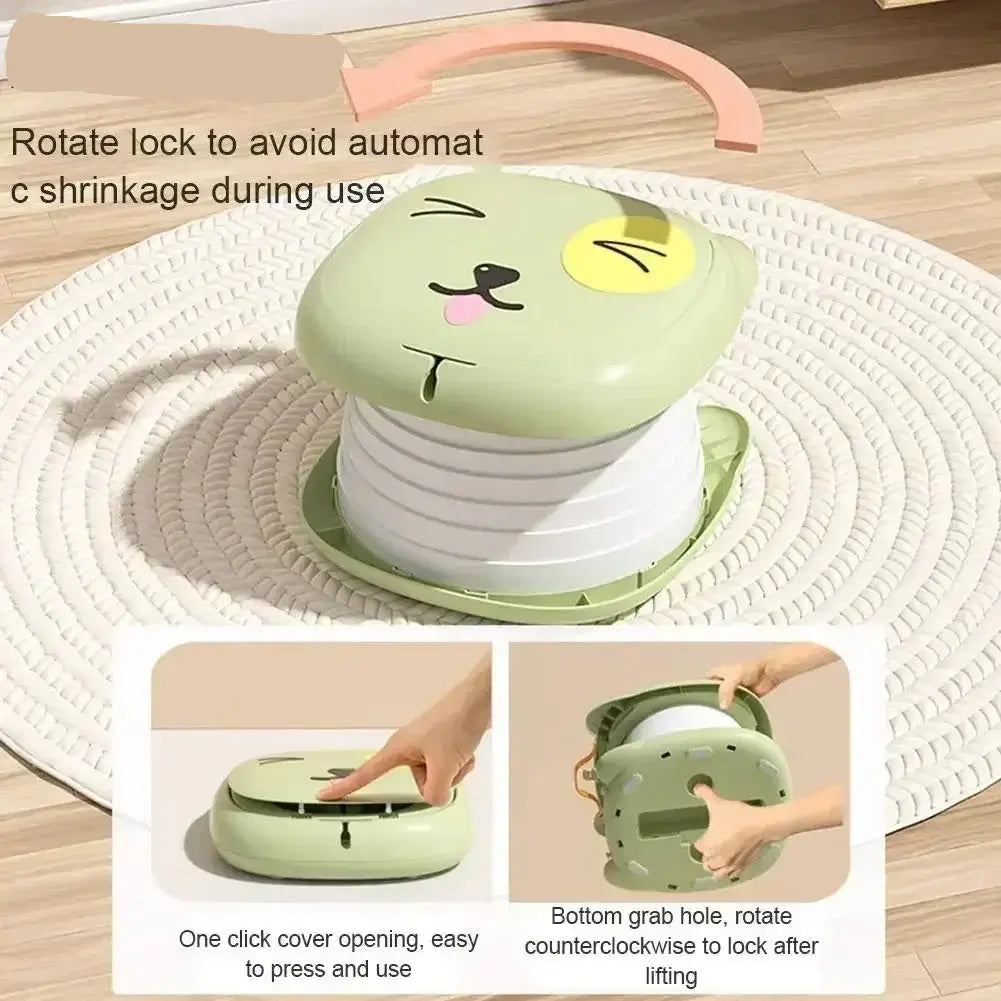 Kids foldable travel toilet with cheerful design, featuring easy one-click opening and secure lock for travel convenience.