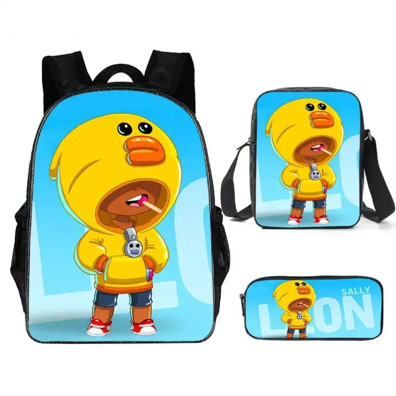 Kids Brawl Stars Game Backpack Set featuring a vibrant character design with backpack, lunch bag, and pencil case for school.