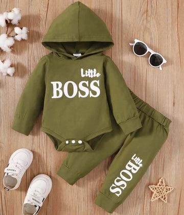 Image of Hooded Baby Boys Romper and Trouser Set - Adorable Little Boss Print, Cotton Comfort for Mild Winters. Shop now at OleOle.