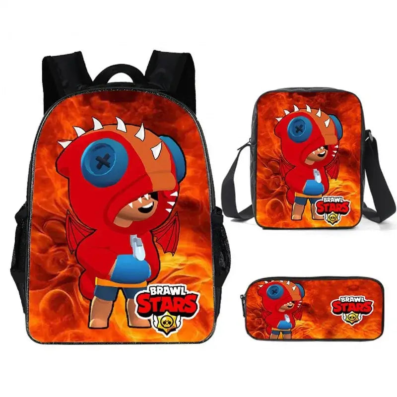 Kids Brawl Stars Game Backpack Set featuring vibrant graphics, includes backpack, lunch bag, and pencil case for school fun.