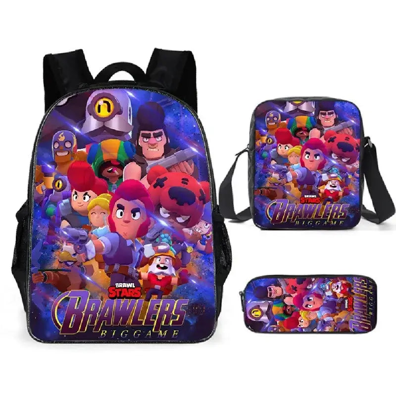 Kids Brawl Stars Game Backpack Set featuring vibrant graphics, include backpack, lunch bag, and pencil case for school and fun.