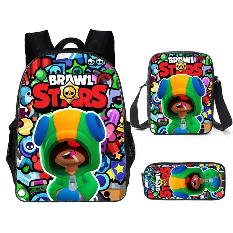 Colorful Kids Brawl Stars Game Backpack Set with backpack, lunch bag, and pencil case featuring vibrant graphics.