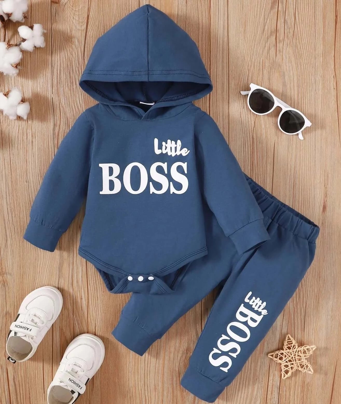 Image of Hooded Baby Boys Romper and Trouser Set - Adorable Little Boss Print, Cotton Comfort for Mild Winters. Shop now at OleOle.