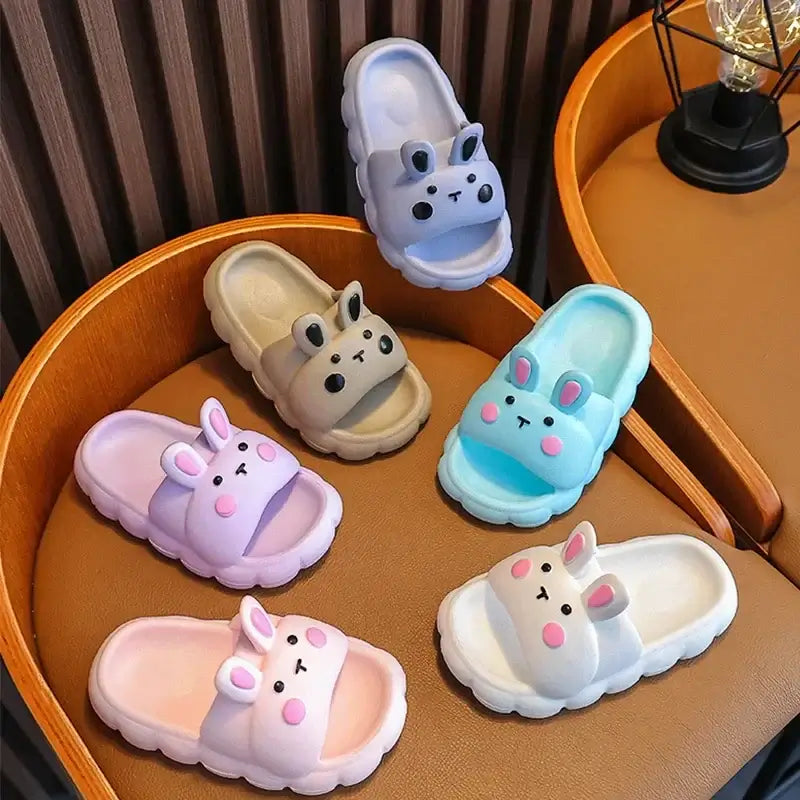 Adorable baby girl cartoon slippers featuring cute bunny designs, perfect for toddlers and kids ages 1-7.