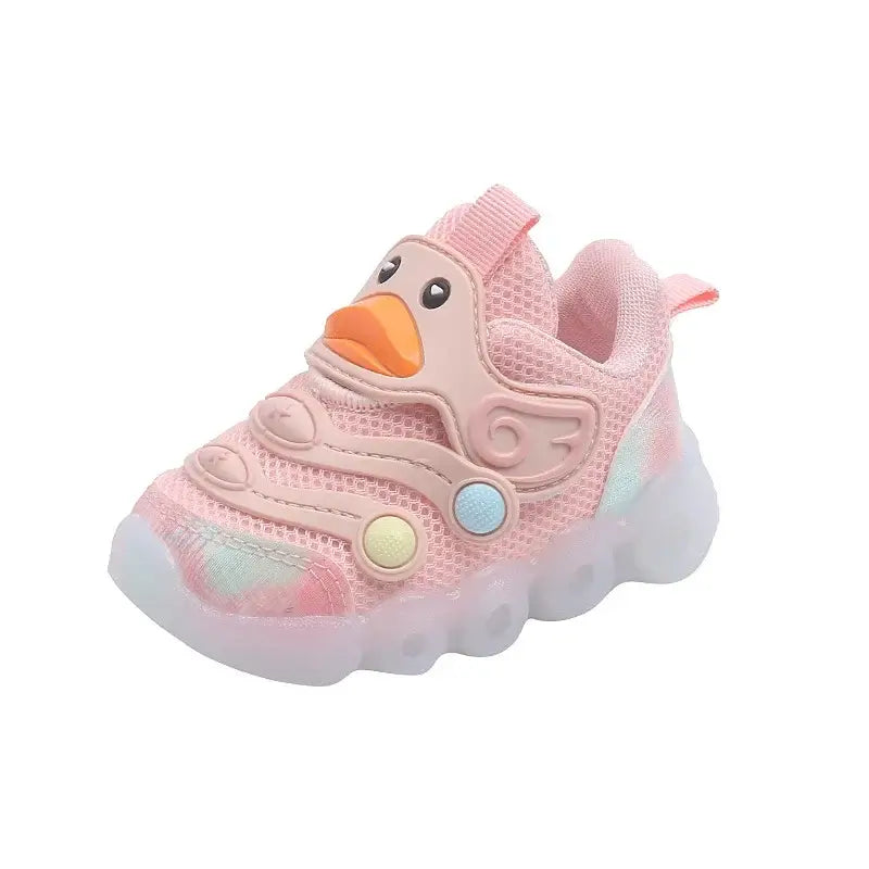 Pink kids shoes with lights featuring a cute duck design, breathable mesh for comfort, perfect for young adventurers.