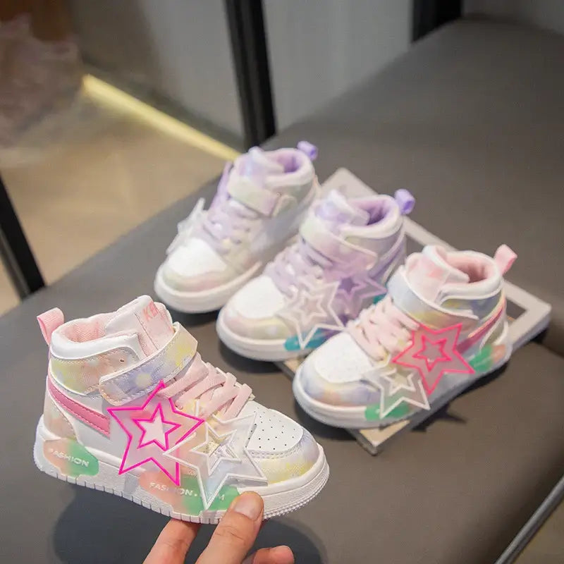 Colorful kids girls fashion sneakers with star design, perfect for ages 2-8, featuring soft materials and stylish accents.
