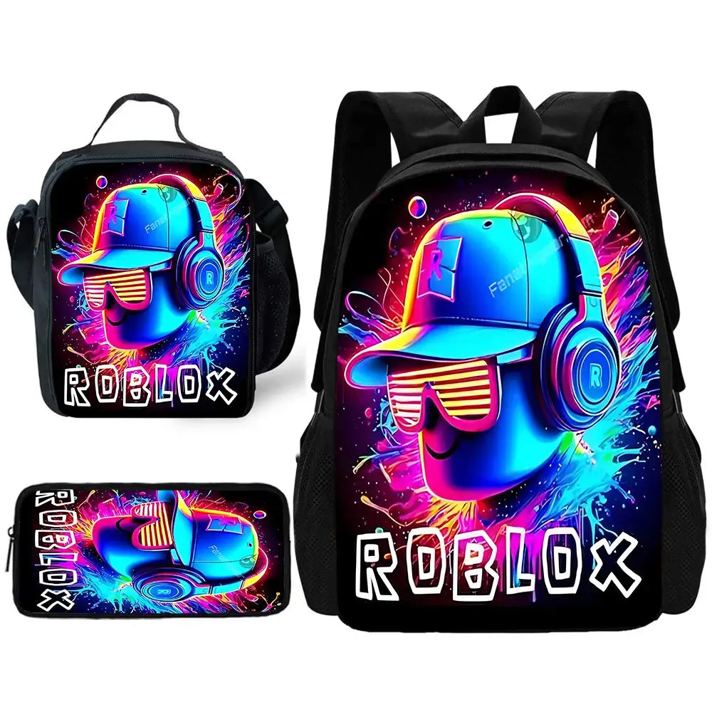 Blue 3D Print Roblox Game Theme School Bag Set with backpack, lunch bag, and pencil case for kids.