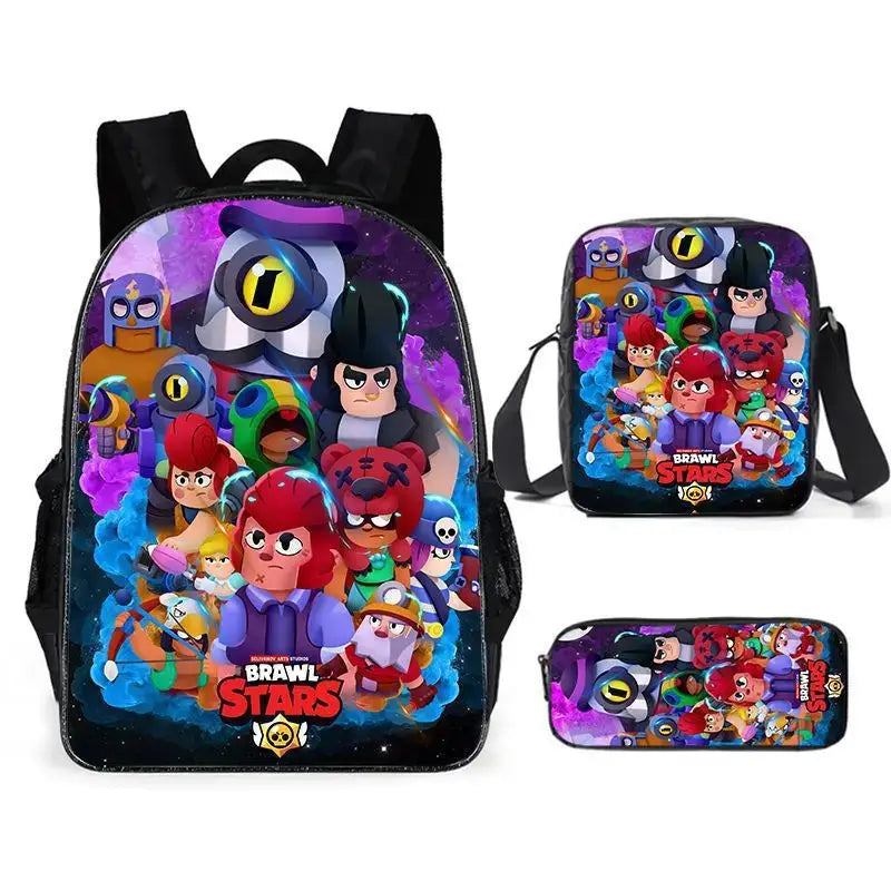 Kids Brawl Stars Game Backpack Set with vibrant graphics including backpack, lunch bag, and pencil case for school fun.