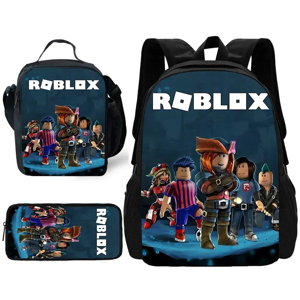 Black Printed Roblox Game Theme School Bag Set with backpack, lunch bag, and pencil case for kids.