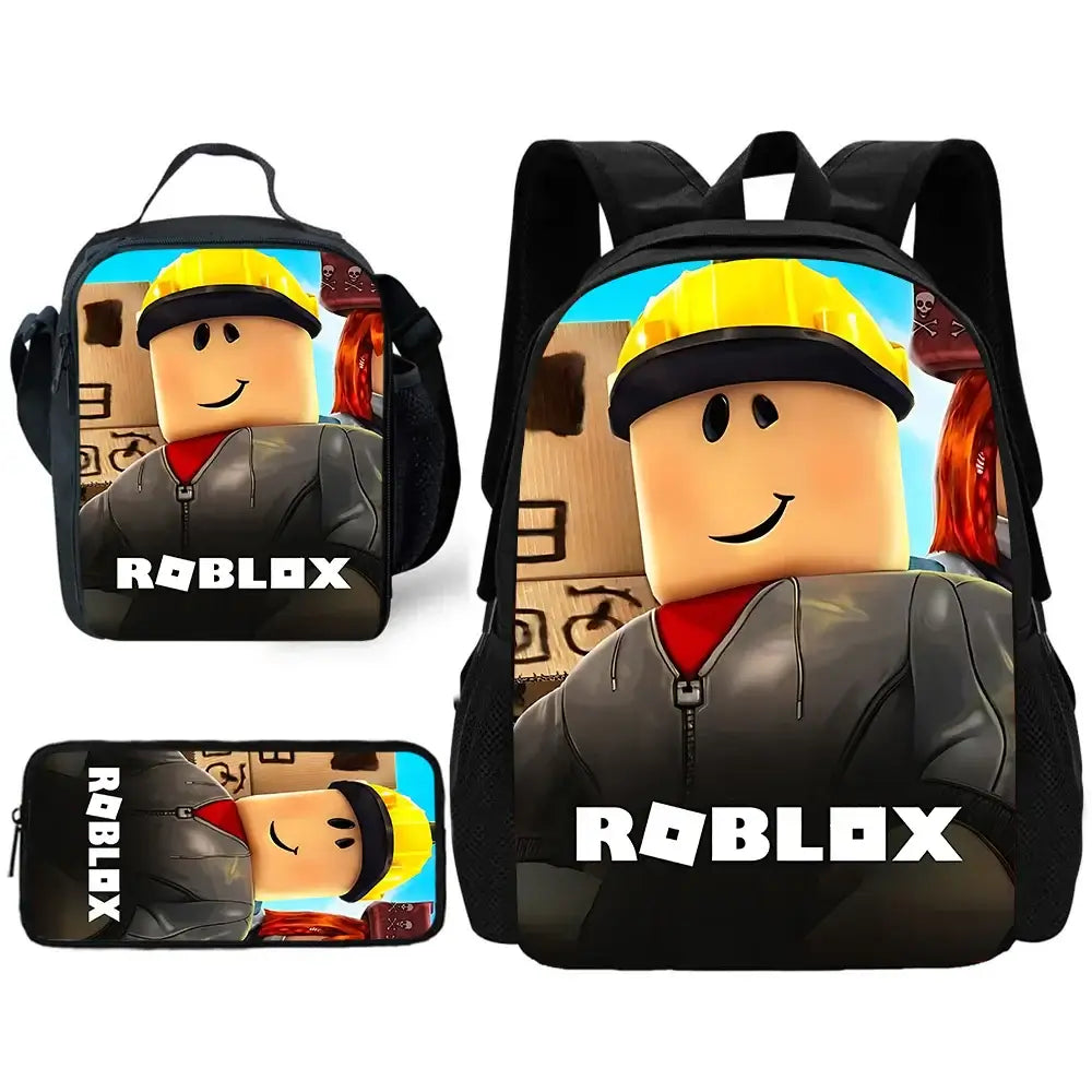 Black Anime Print Roblox Game Theme School Bag Set with backpack, lunch bag, and pencil case for kids.