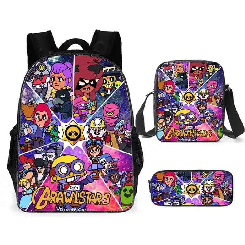 Kids Brawl Stars Game Backpack Set featuring vibrant graphics, includes backpack, lunch bag, and pencil case for school.