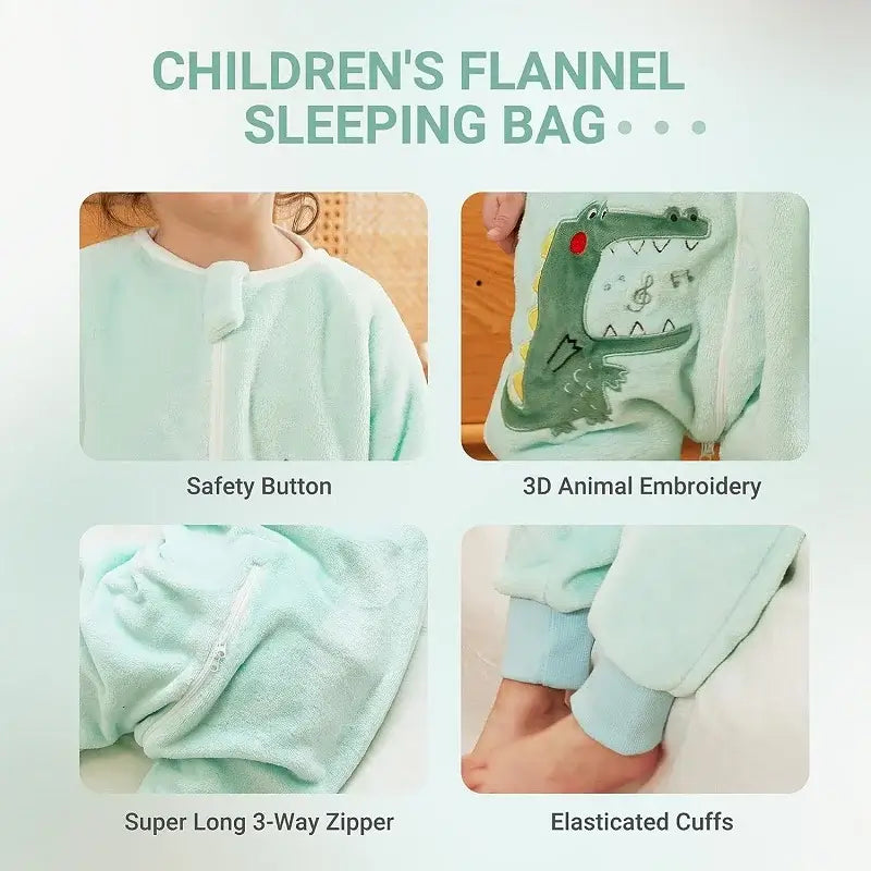Children's flannel sleeping bag with safety button, 3D animal embroidery, super long zipper, and elasticated cuffs.