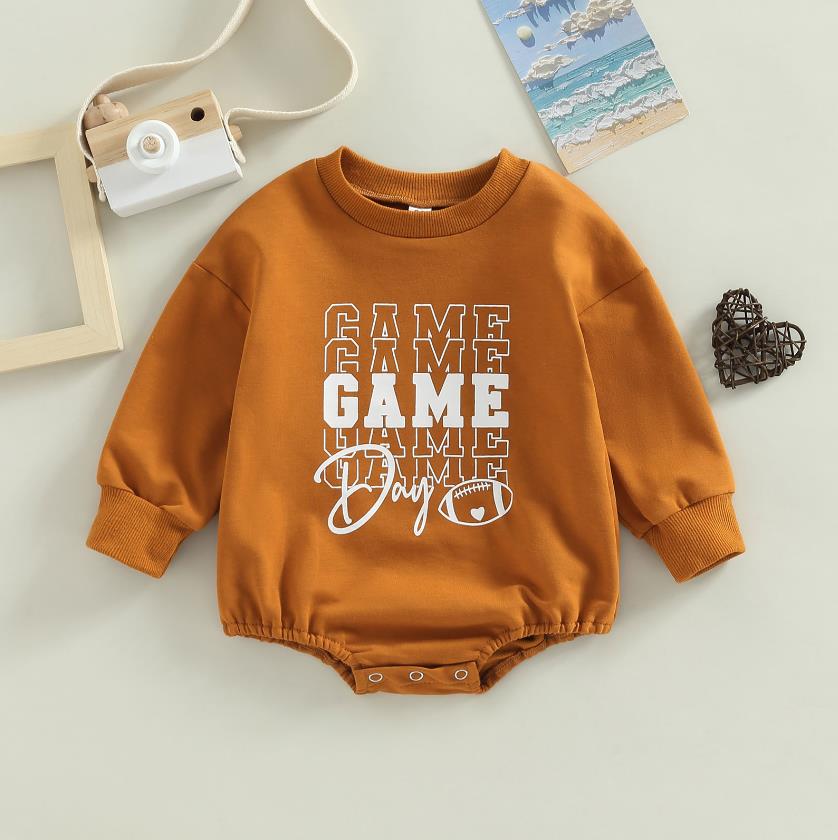 Image of Football Game Day Sweatshirt Romper for Boys & Girls - Infant Bodysuit ages 0-18 months - Cosy style for the littlest fans! Available at OleOle.