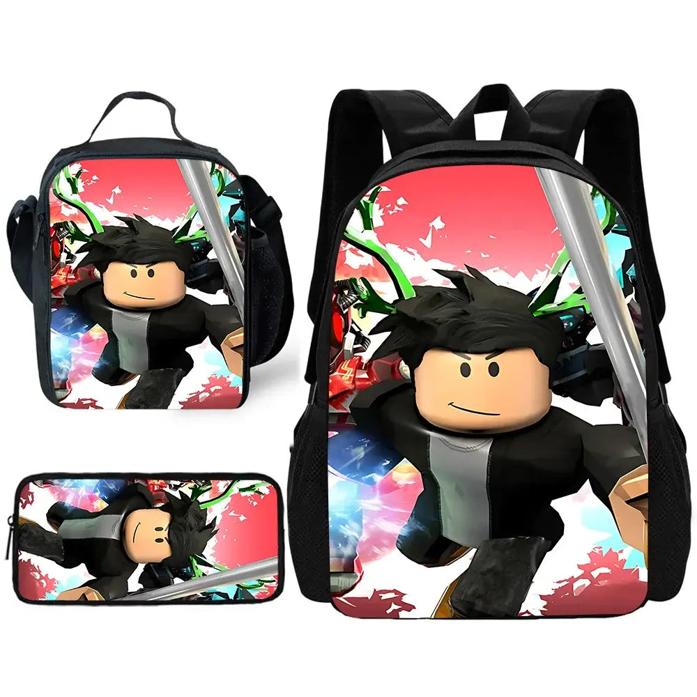 Anime Black Print Roblox Game Theme School Bag Set with backpack, lunch bag, and pencil case for kids.