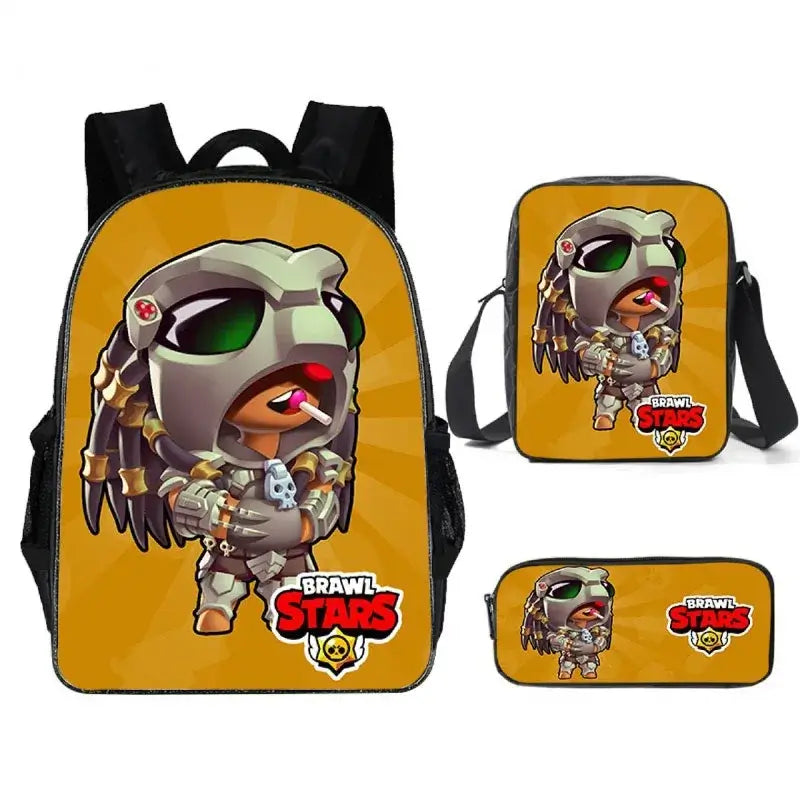 Kids Brawl Stars Game Backpack Set with vibrant graphics, including a backpack, lunch bag, and pencil case for school.