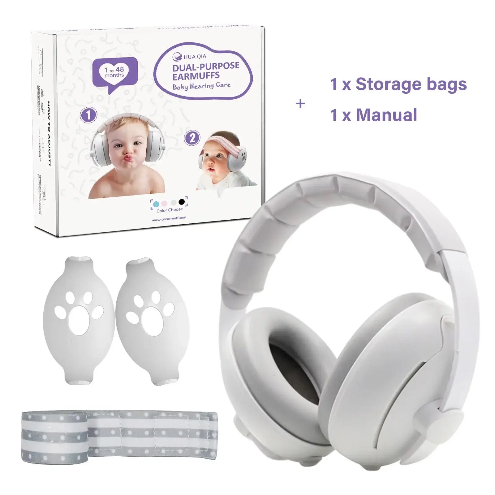 White dual-purpose earmuffs with packaging, storage bags, and manual on a white background