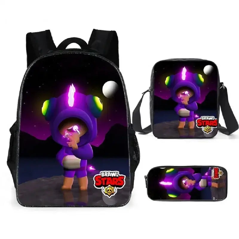 Kids Brawl Stars Game Backpack Set with vibrant graphics, including backpack, lunch bag, and pencil case. Fun and functional!