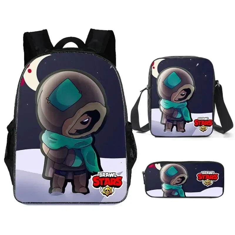 Kids Brawl Stars Game Backpack Set featuring vibrant character graphics, including a backpack, lunch bag, and pencil case.