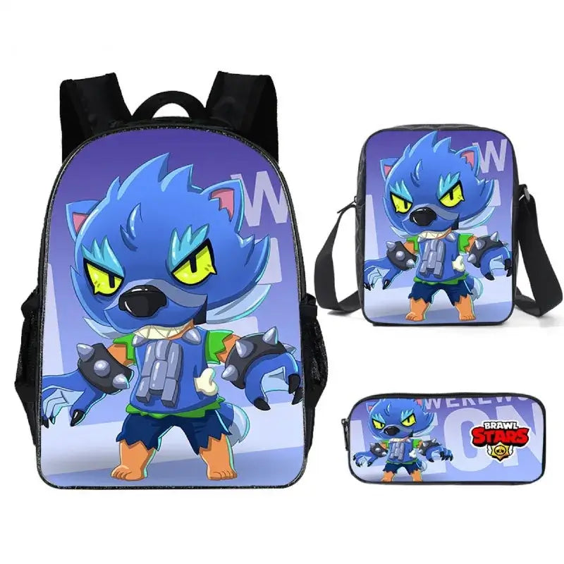 Kids Brawl Stars Game Backpack Set featuring vibrant graphics of a blue wolf character, including backpack, lunch bag, and pencil case.