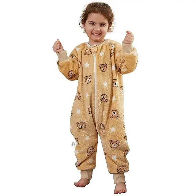 Smiling girl wearing a cozy flannel kids onesie sleepsack with bear patterns, perfect for ages 1-7 years.