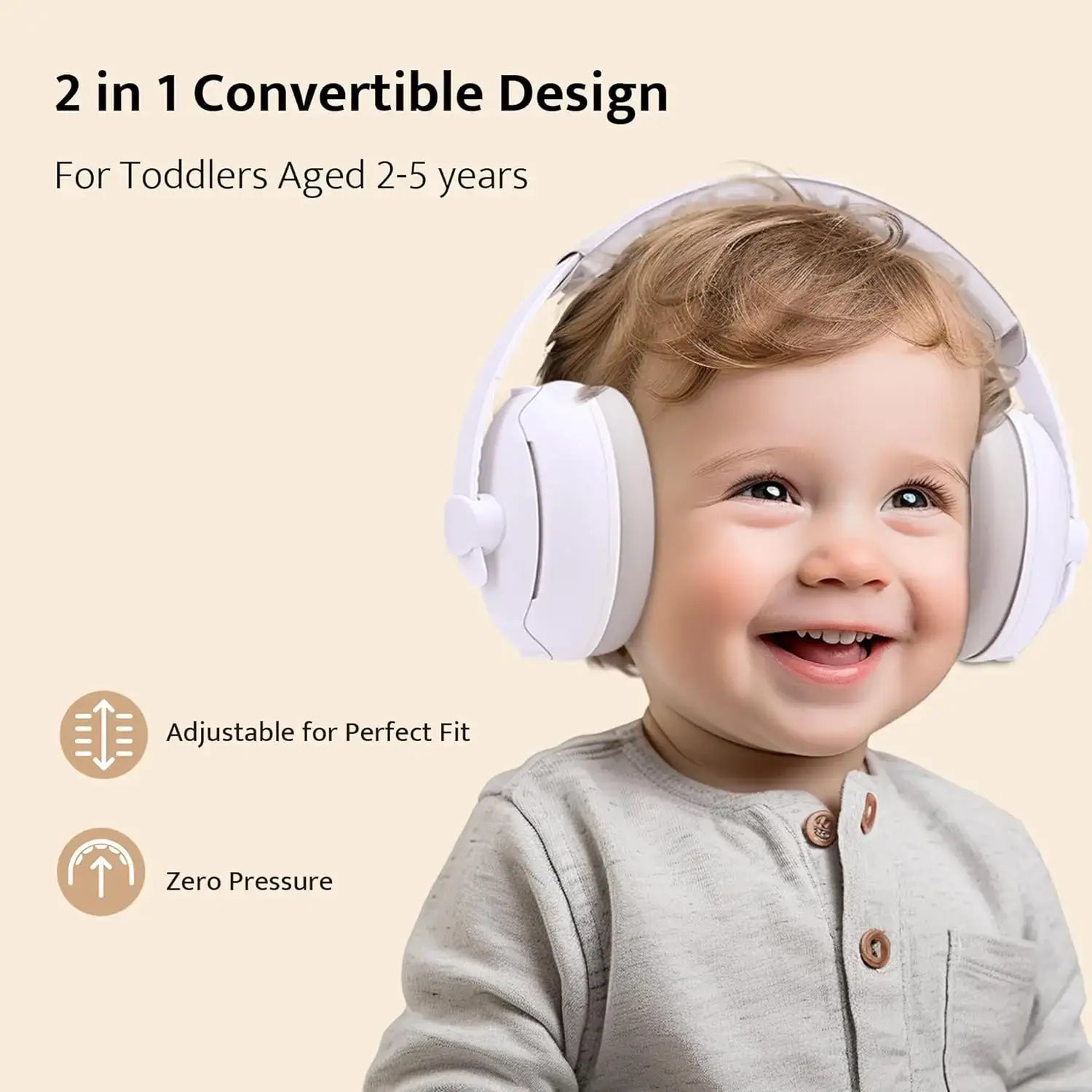 Child wearing white noise cancelling headphones with text about a 2-in-1 convertible design for toddlers aged 2-5 years.