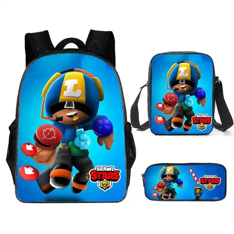 Kids Brawl Stars Game Backpack Set featuring vibrant graphics of a character, includes backpack, lunch bag, and pencil case.