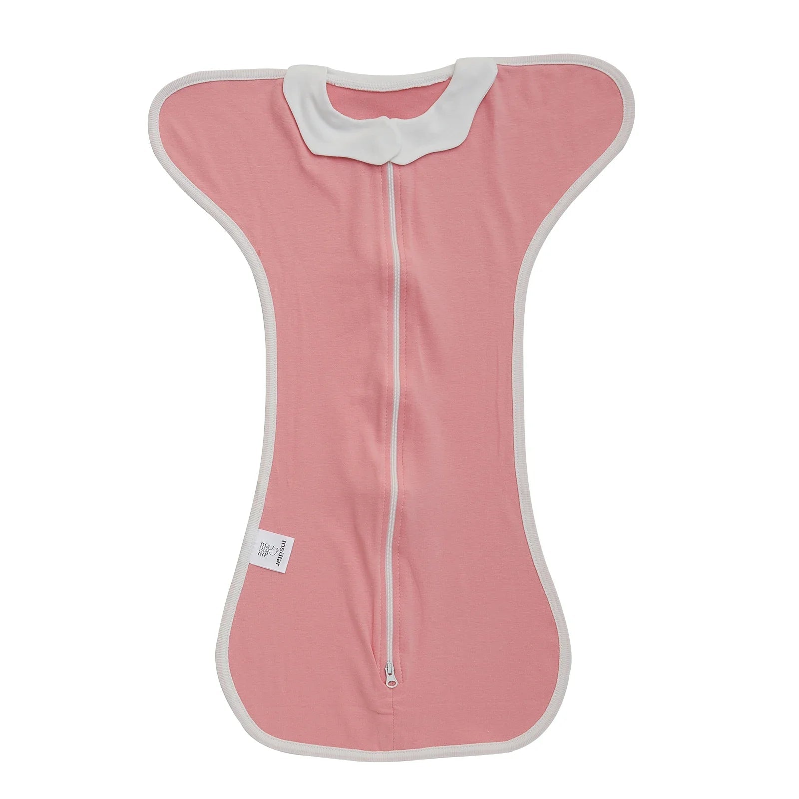 Pink baby wrap with white collar and zipper on a white background, branded 'Insular'.