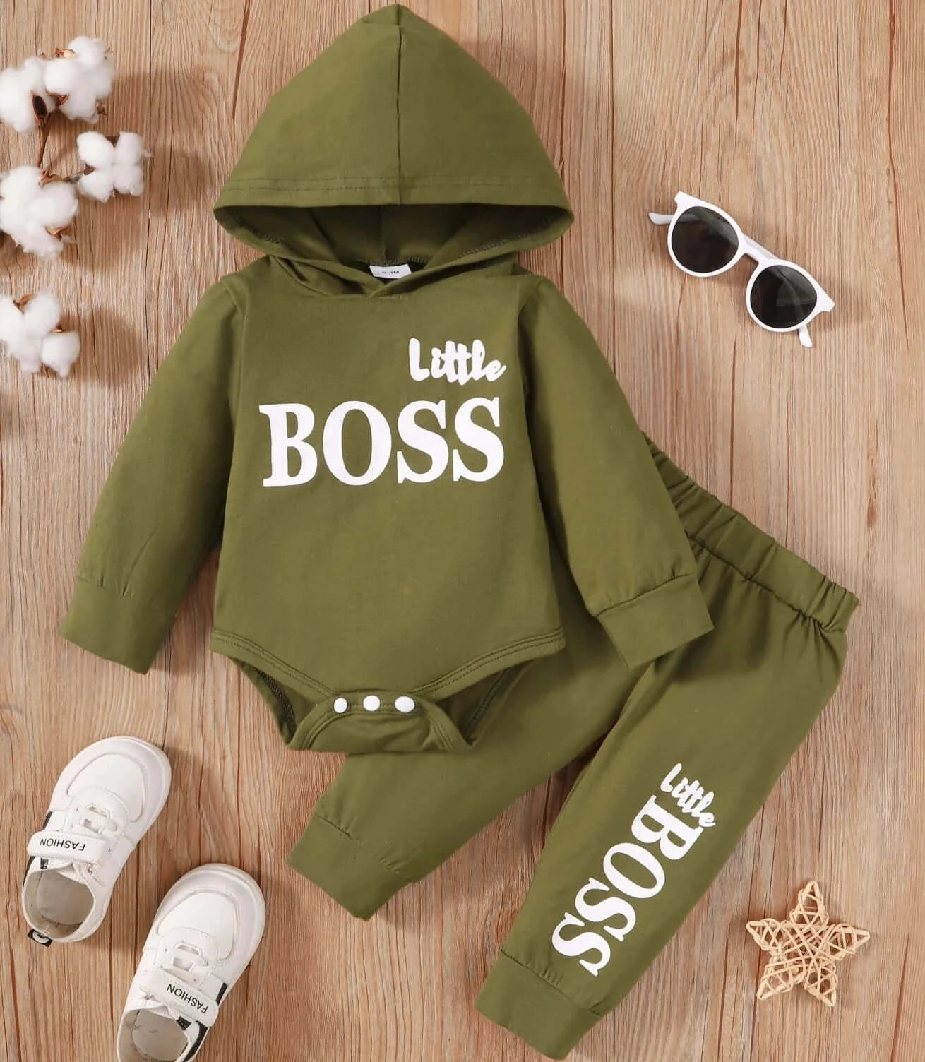 Image of Hooded Baby Boys Romper and Trouser Set - Adorable Little Boss Print, Cotton Comfort for Mild Winters. Shop now at OleOle.