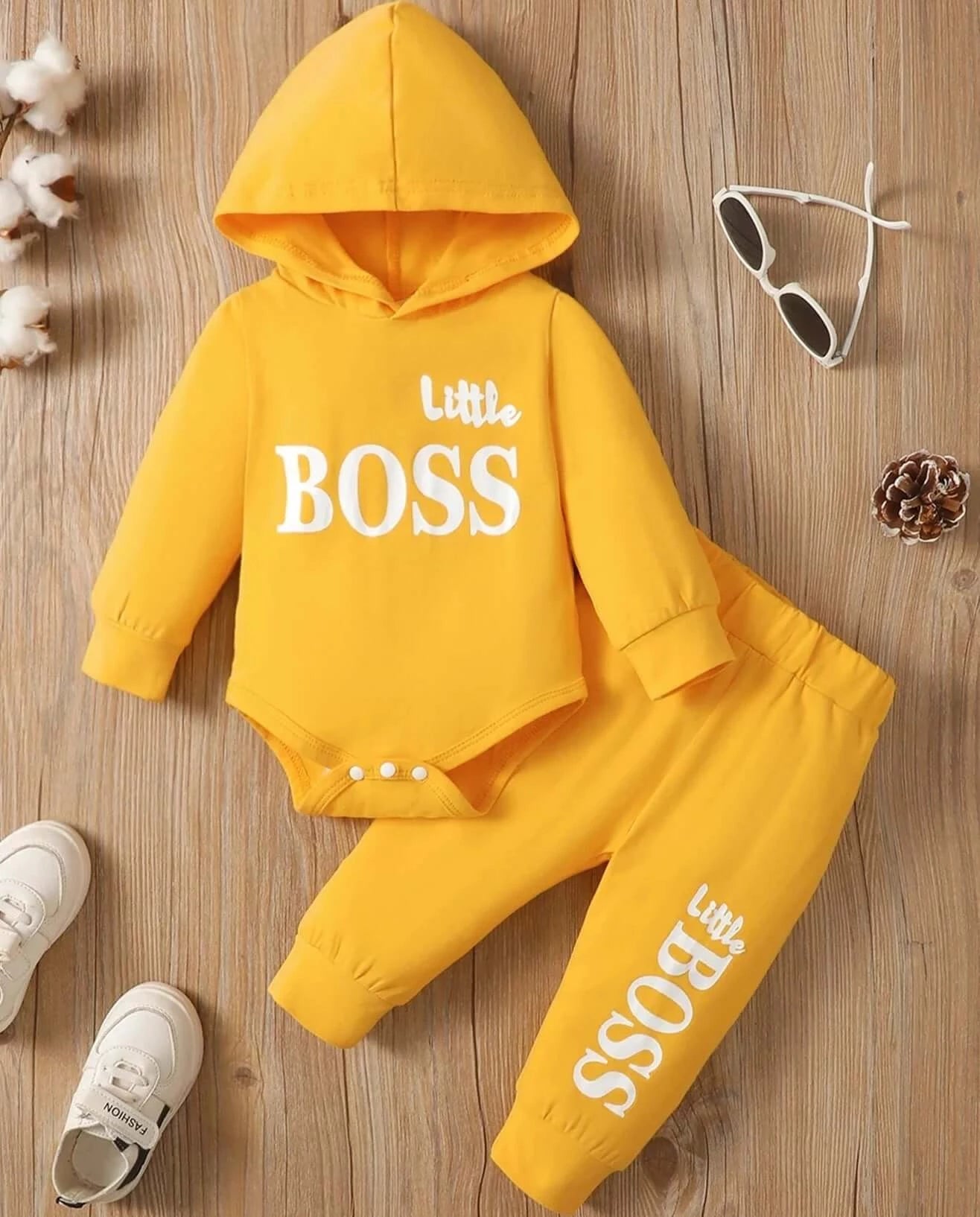 Image of Hooded Baby Boys Romper and Trouser Set - Adorable Little Boss Print, Cotton Comfort for Mild Winters. Shop now at OleOle.