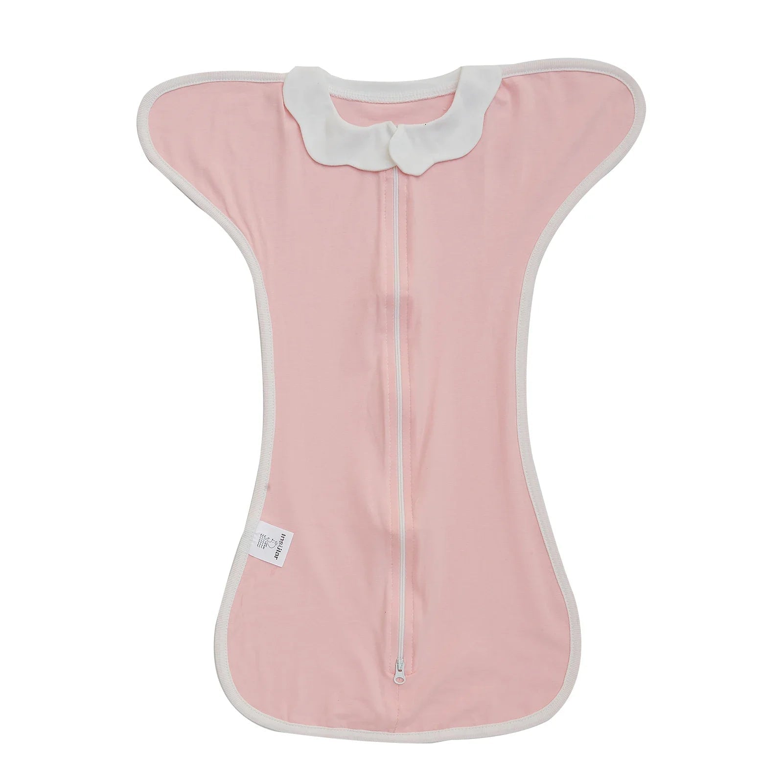 Pink baby swaddle with white trim on a white background, featuring the brand 'Insular'.
