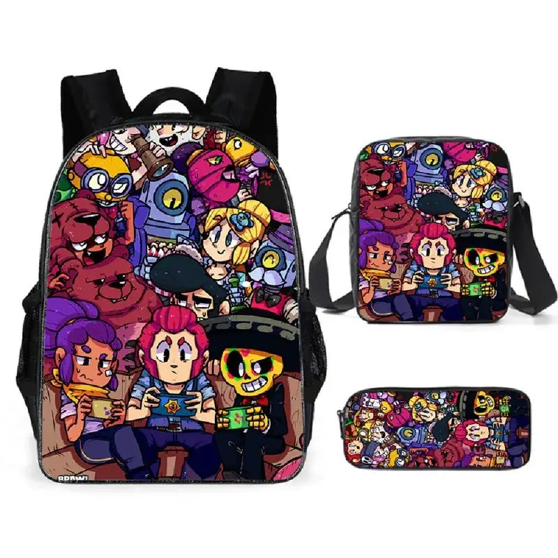 Kids Brawl Stars Game Backpack Set featuring colorful graphics, lunch bag, and pencil case for school fun.