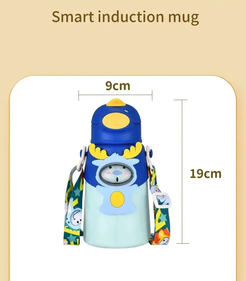 Colorful smart induction mug with playful design, measuring 9cm wide and 19cm tall, ideal for kids.