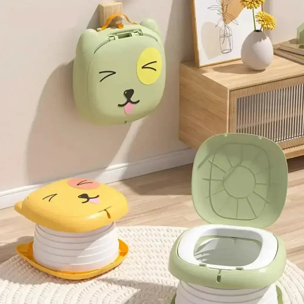 Kids foldable travel toilet featuring cute animal designs for potty training on the go, ideal portable potty for kids.