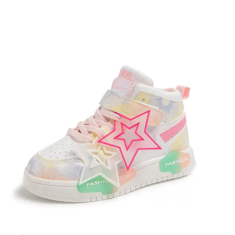 Kids girls fashion sneakers with colorful star designs, perfect for active ages 2-8 years, featuring soft insoles and breathable materials.