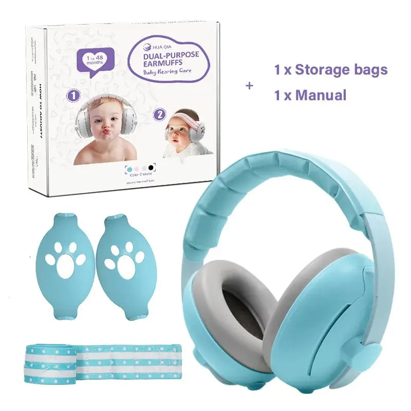 Blue baby earmuffs with packaging, storage bags, and manual on a white background