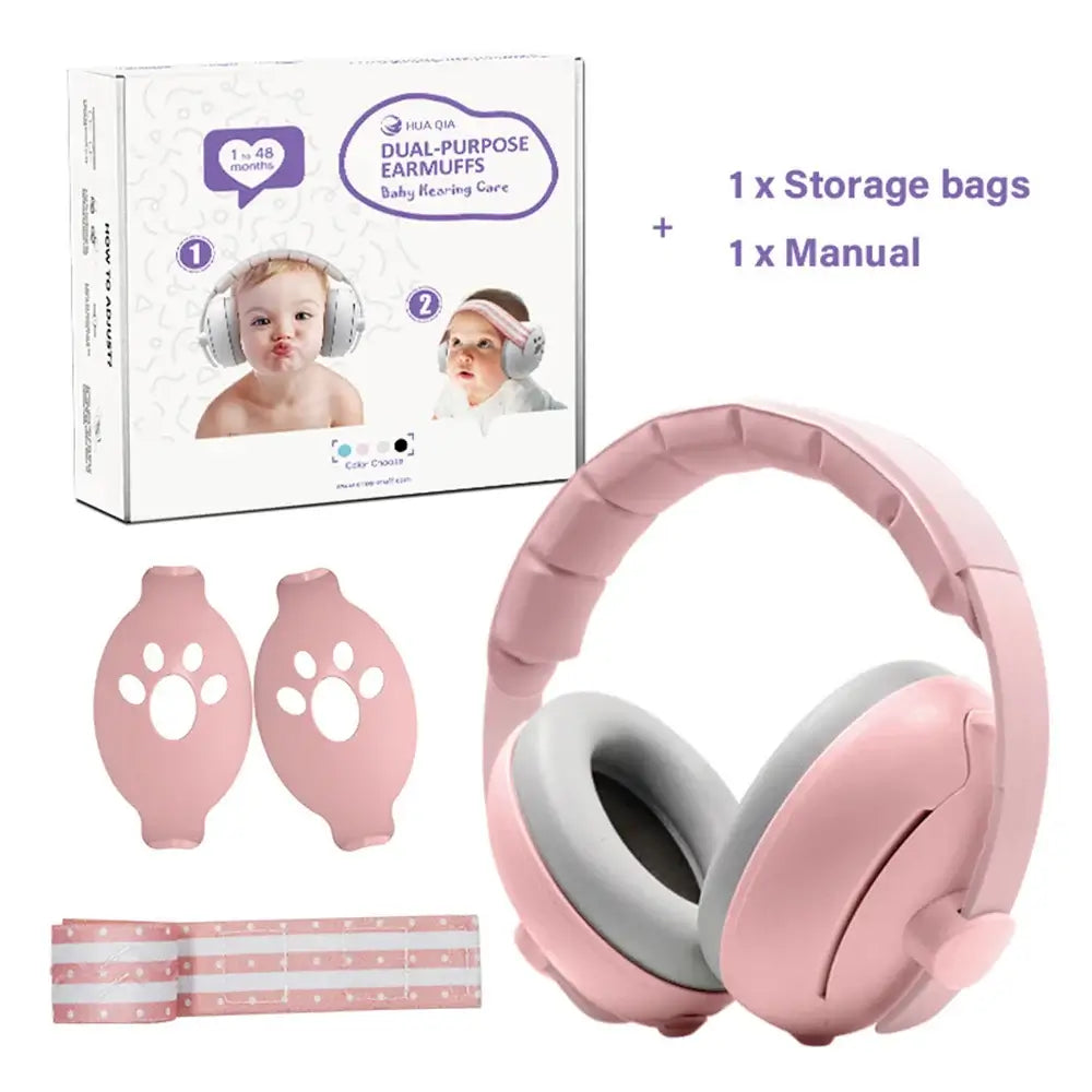 Pink baby earmuffs with packaging, storage bags, and manual on a white background