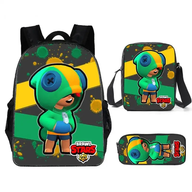 Kids Brawl Stars game backpack set featuring vibrant graphics of a character, including backpack, lunch bag, and pencil case.