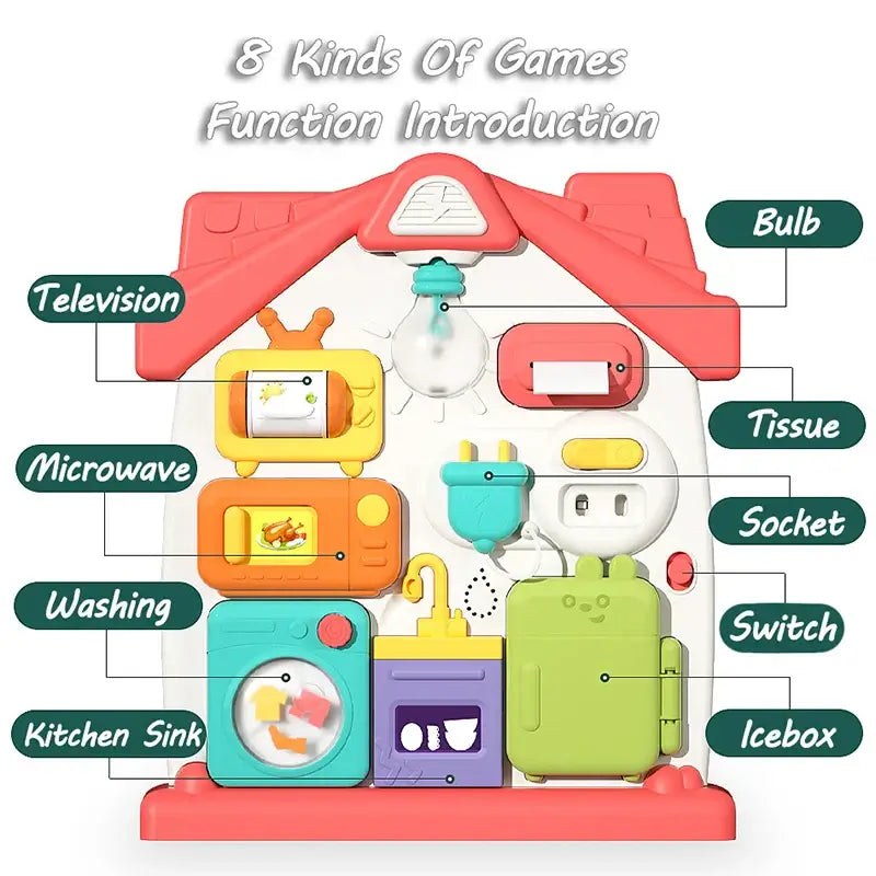 Multifunctional Montessori busy board showcasing 8 interactive games for kids' learning and development.